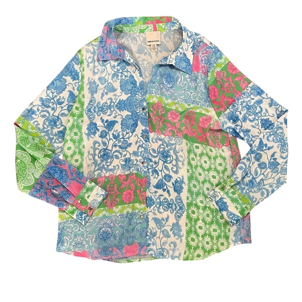 Industry Patchwork Damask Floral Button Down Shirt Blue Green Pink Womens Large